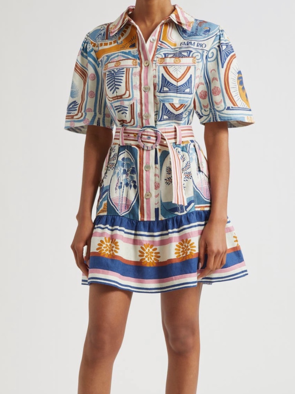 FARM Rio Cerrado Stamps Print Linen Shirtdress NWT Size XL